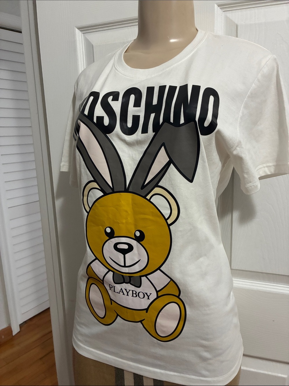 Moschino White Tee with Yellow Teddy and Black Logo t shirt top blouse